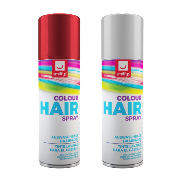 Smiffys Carnaval verkleed hoofdhaar verf/spuitspray - wit en rood - spuitbussen - 125 ml p/st