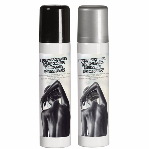 Guirca Haarspray/bodypaint spray - 2x kleuren - zilver en zwart - 75 ml -